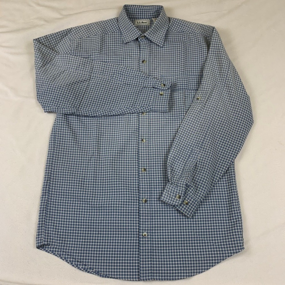 LL Bean Mens Medium Tall Blue Check Long Sleeve Button Down Shirt 0GR89 Pocket